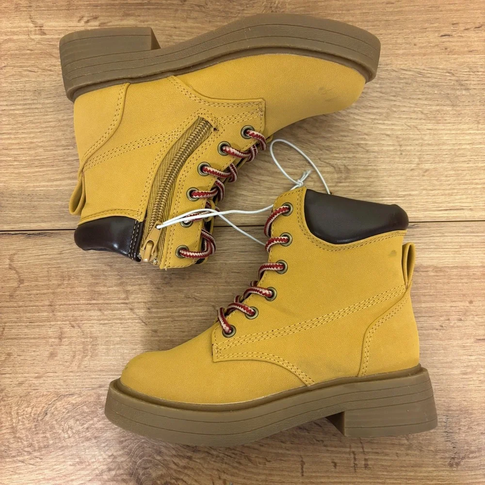 STEVE MADDEN JJumble Combat Boots Tan Kids Size 11 Side Zip Lace Up Low Heel‎